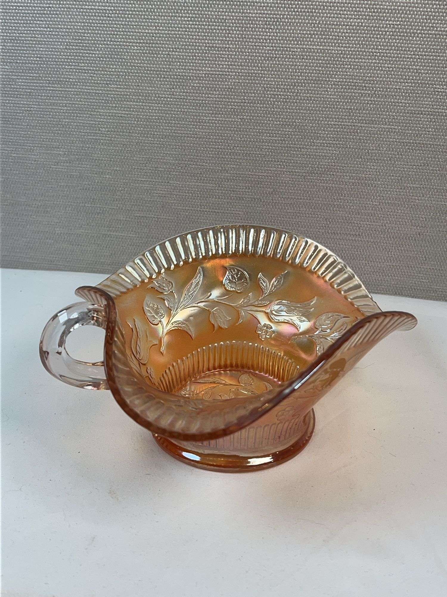Fenton Marigold Carnival Glass “Orange Tree” Handled Nappy