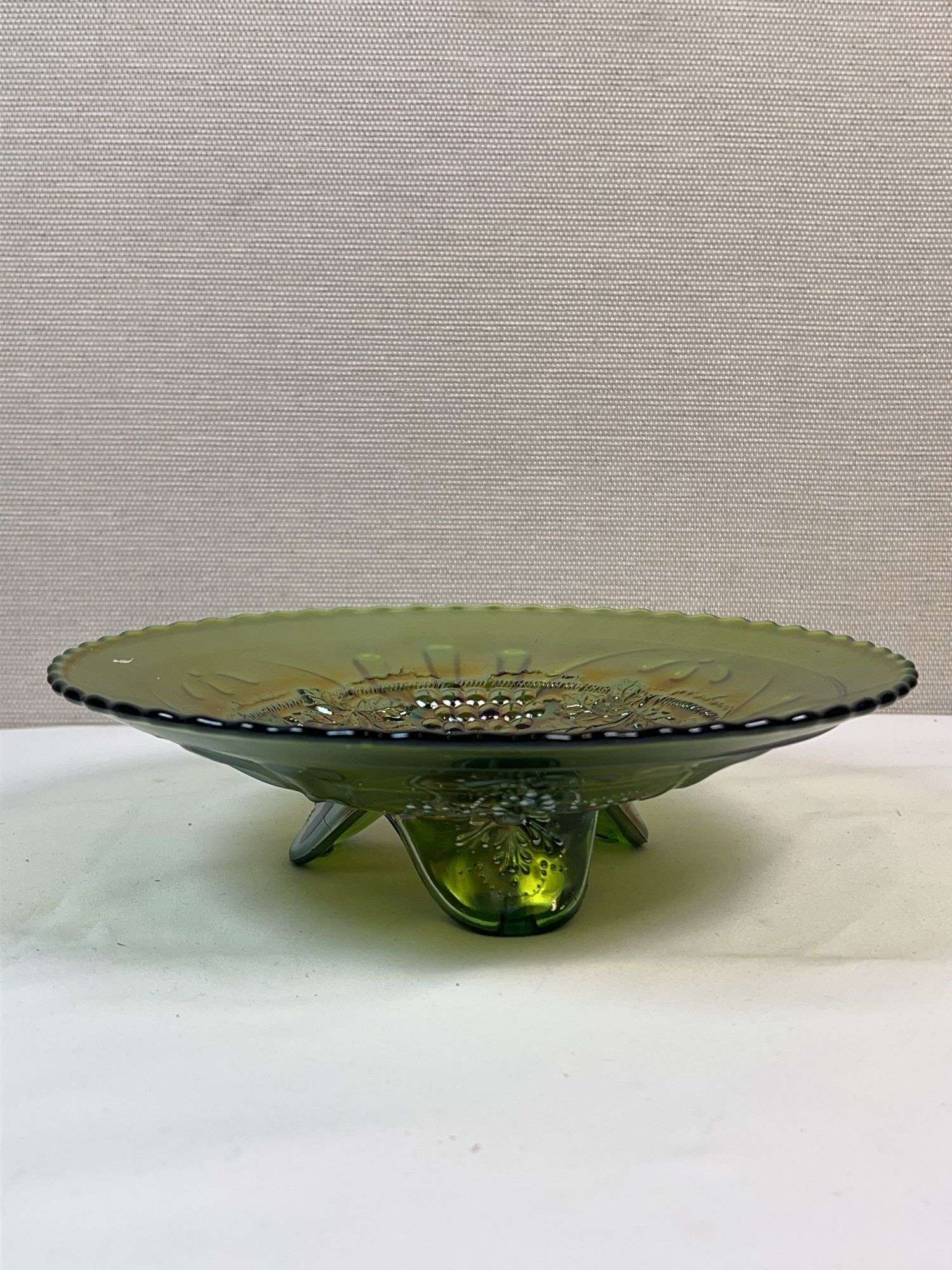 Northwood Green Grape & Cable Carnival Glass Footed Bowl