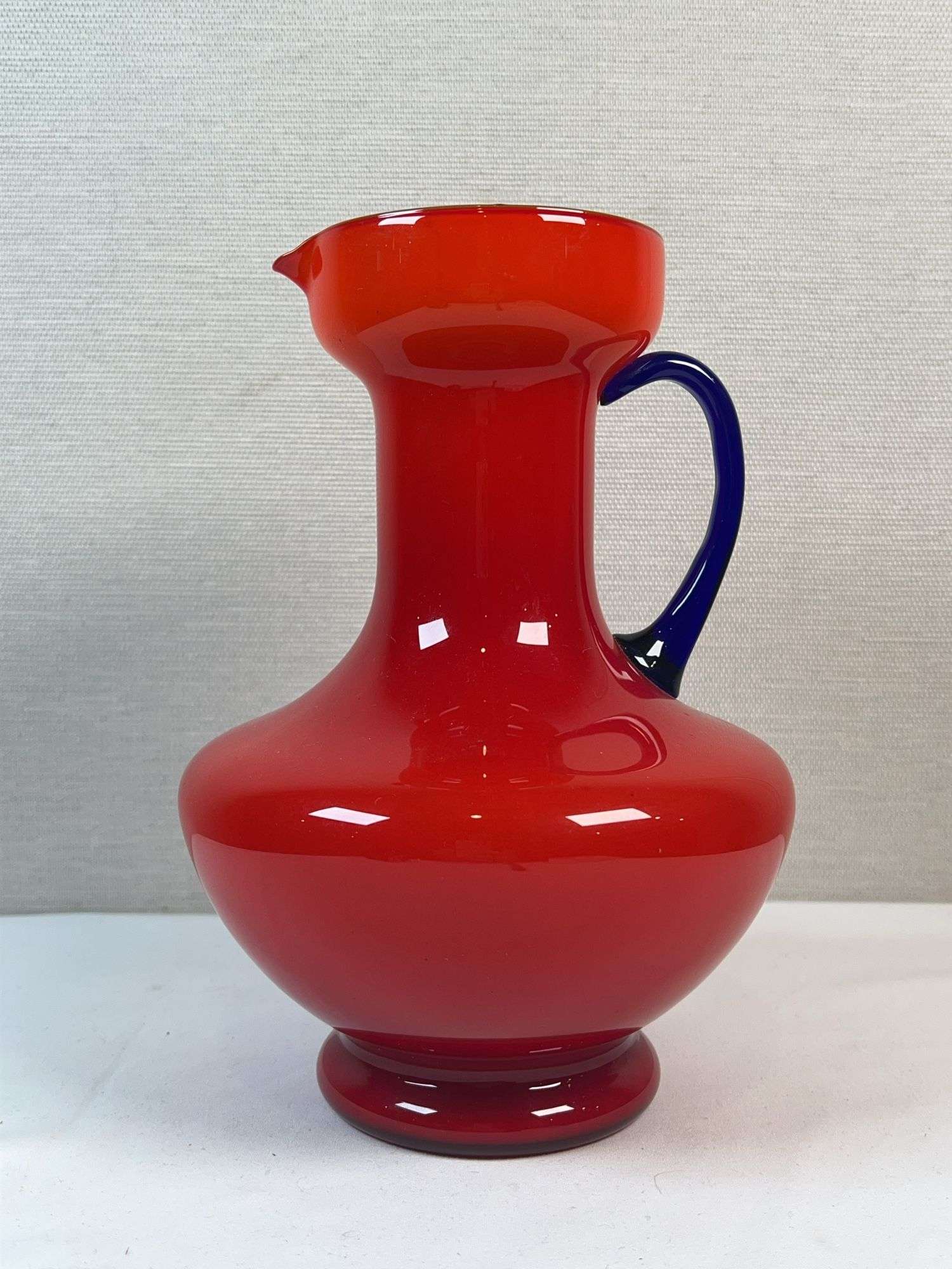 Murano Cased Red Art Glass Pitcher with Cobalt Handle