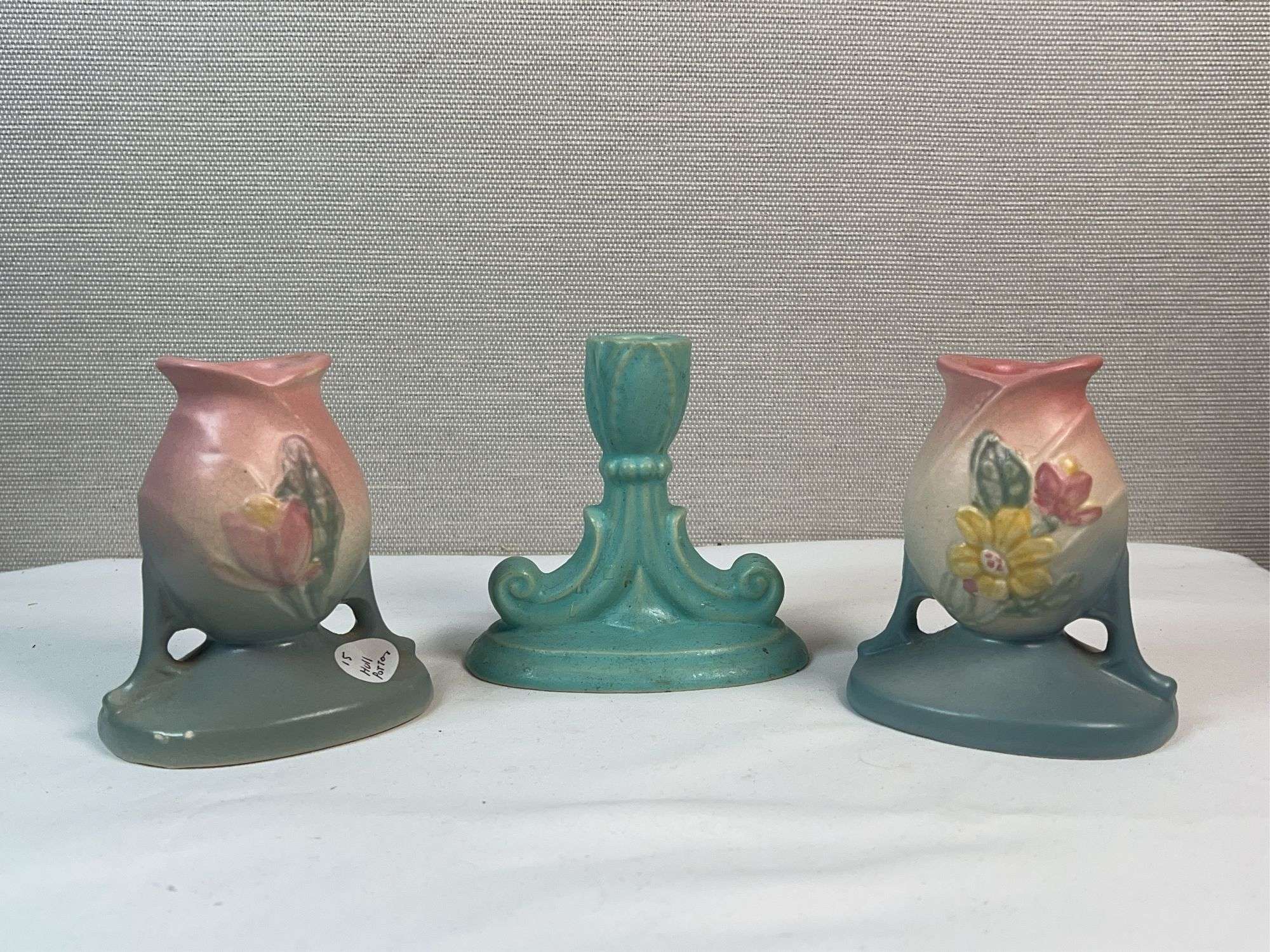 Mid-Century Art Pottery Group – Floral Vases & Turquoise Candlestick