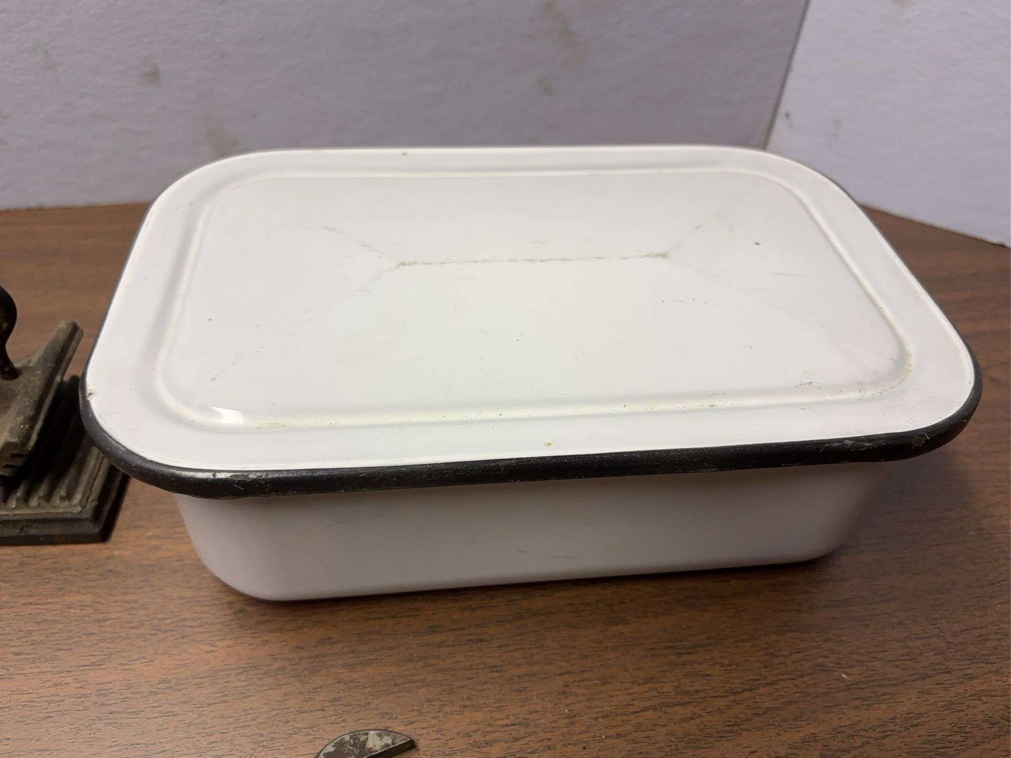 Geneva hand fluter and stoneware tin and wrench