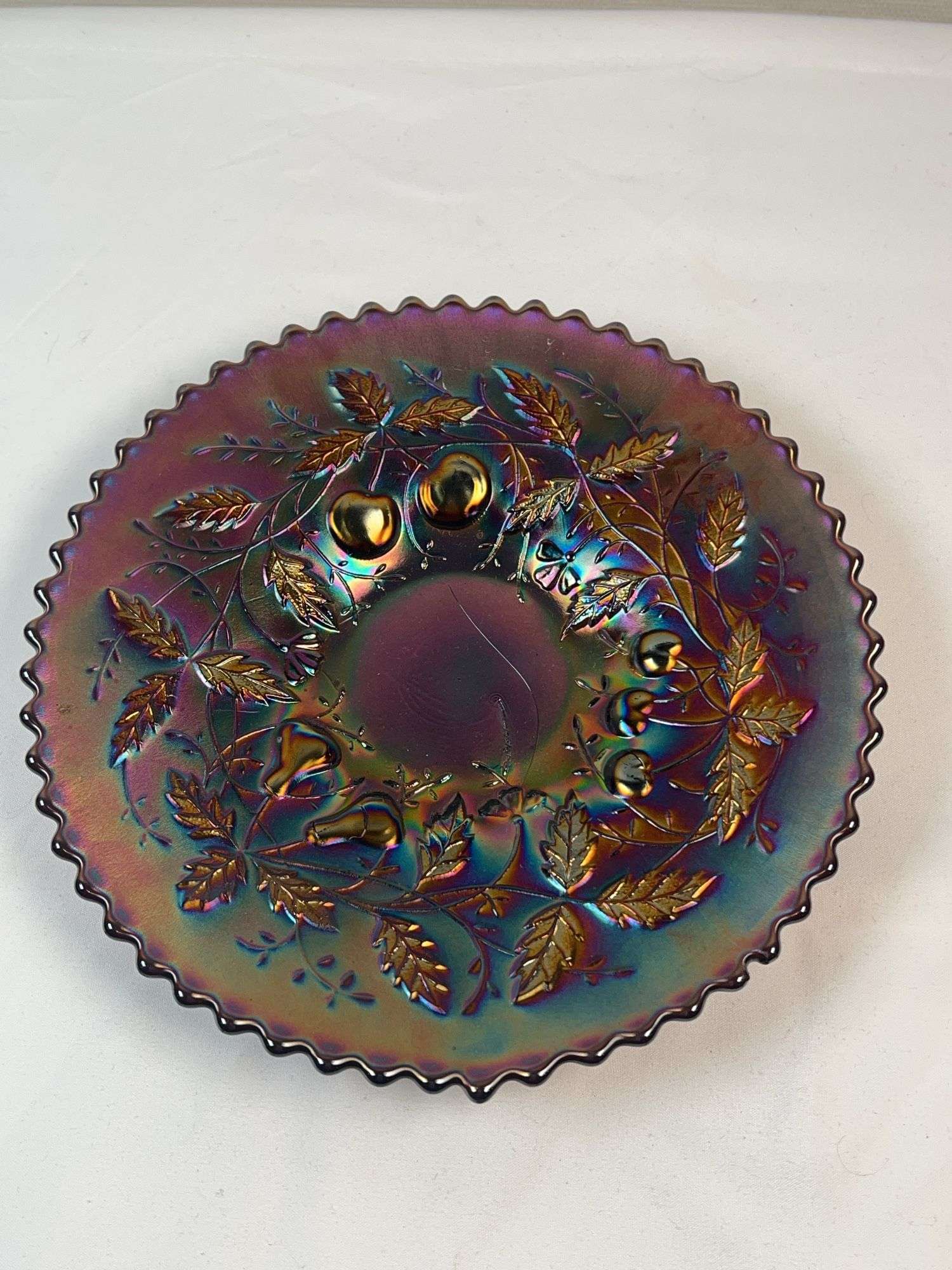 Northwood Amethyst Carnival Glass Fruit and Flowers Bowl