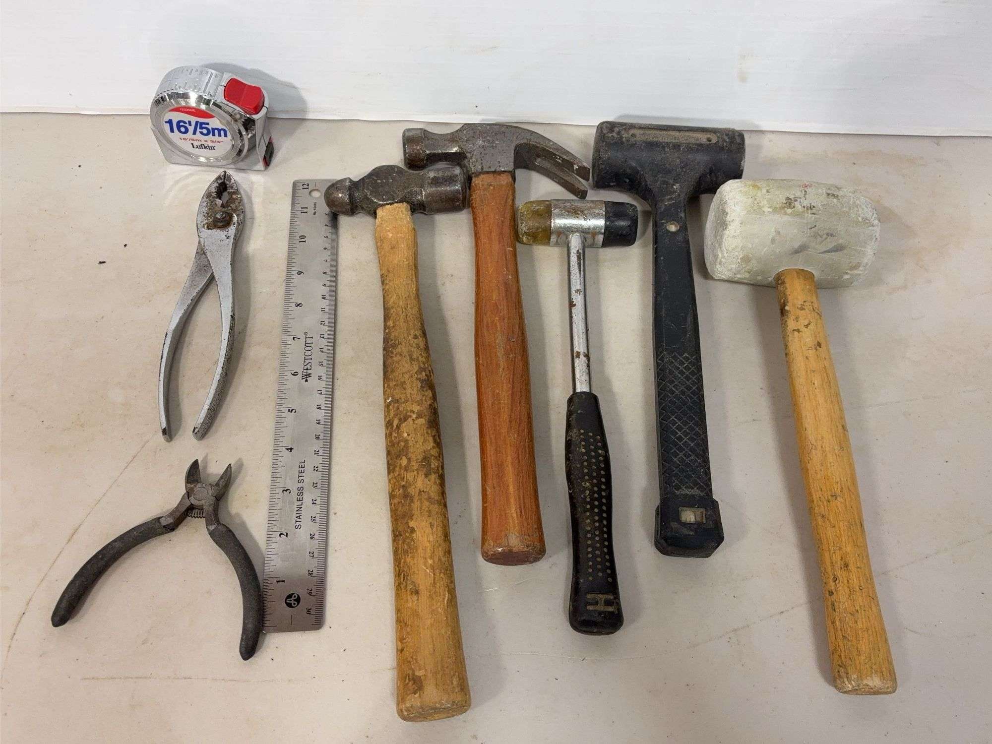 Flat of tools including ruler, hammers, tape measure & more
