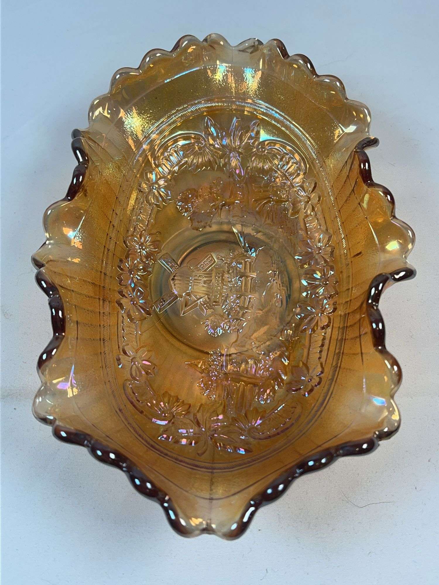 Imperial Marigold Carnival Glass “Lustre Rose” Oval Relish