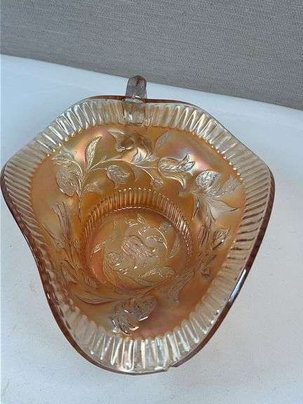Fenton Marigold Carnival Glass “Orange Tree” Handled Nappy