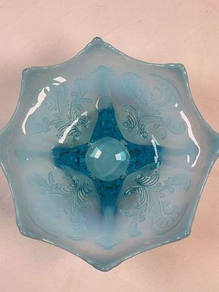 DUGAN BLUE OPALESCENT FOOTED NOVELTY BOWL