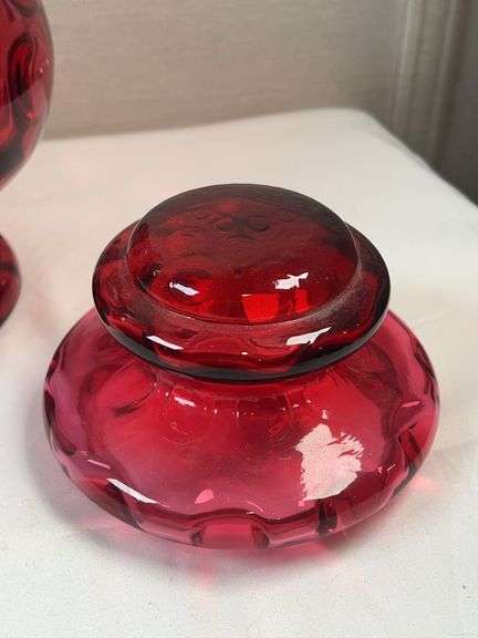 Fenton Cranberry Glass Thumbprint Coin Dot Covered Apothecary Candy Jar Dish