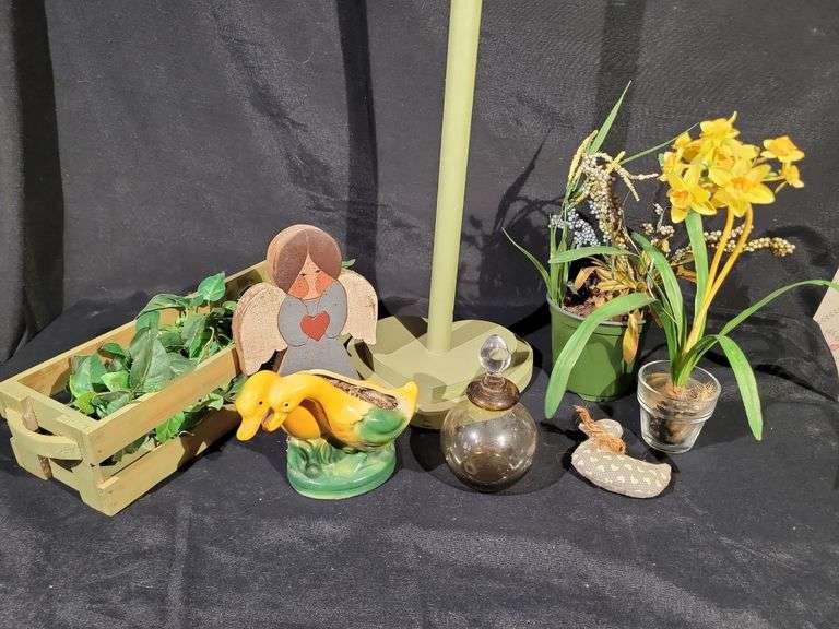 EARLY DUCK PLANTER, FAUX FLOWERS, BOTTLE & DECOR