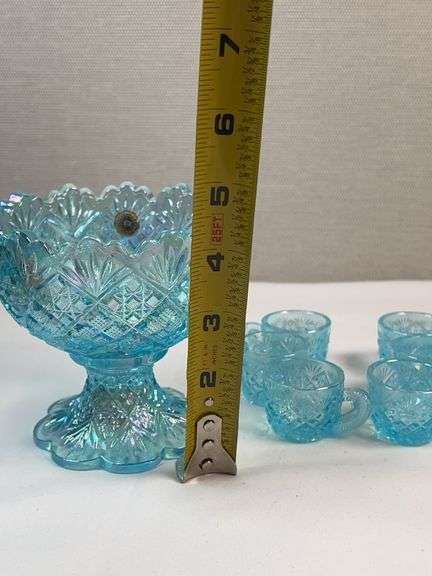 Westmoreland Blue Iridescent Mini Punch Bowl Set w/ 6 Cups – Daisy & Button Pattern