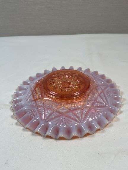 Dugan Ski Star peach opalescent carnival glass bowl.