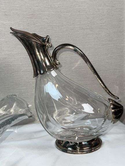 Etched Glass Serving Bowl & Silverplate Duck-Style Claret Jug