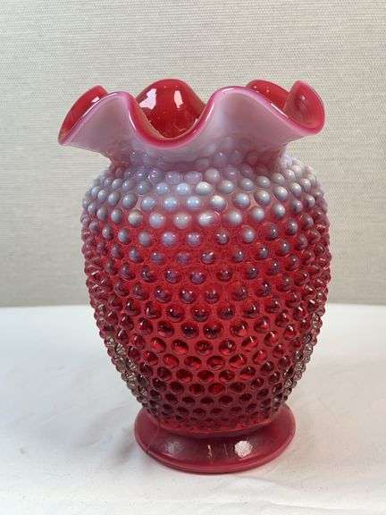 FENTON CRANBERRY OPALESCENT HOBNAIL VASE
