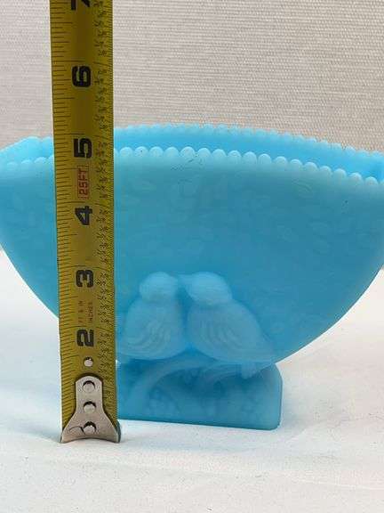 FENTON BLUE SATIN FAN VASE LOVEBIRDS