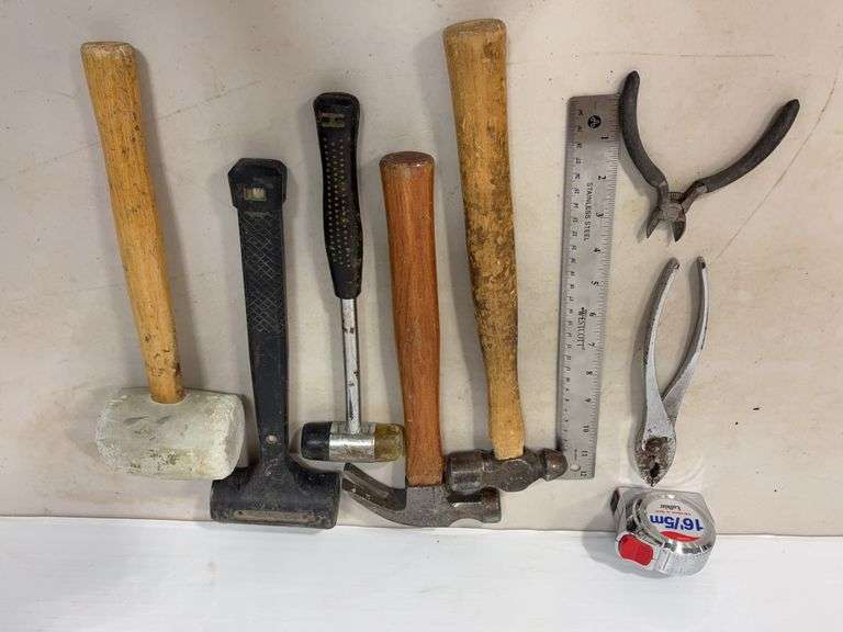 Flat of tools including ruler, hammers, tape measure & more