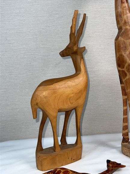 Lot of 3 Hand-Carved African Wooden Animals – Giraffe Family & Gazelle Figures