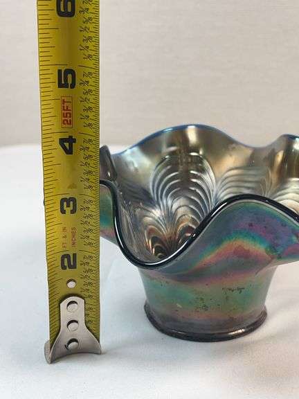 Fenton Blue Carnival Glass Peacock Tail Ruffled Nut Bowl