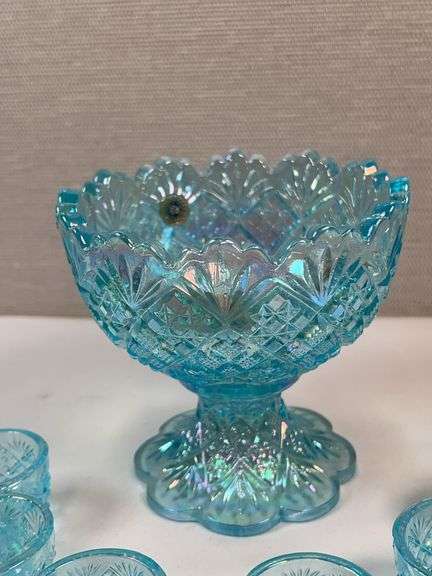 Westmoreland Blue Iridescent Mini Punch Bowl Set w/ 6 Cups – Daisy & Button Pattern