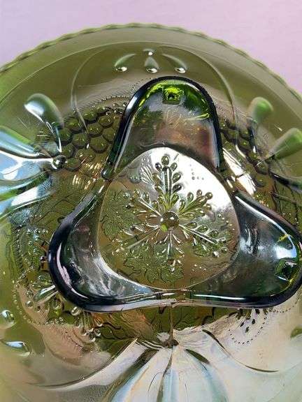 Northwood Green Grape & Cable Carnival Glass Footed Bowl