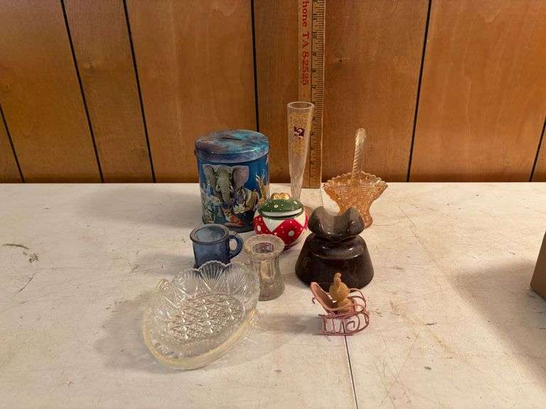 Tin bank, vintage insulator and miscellaneous glassware