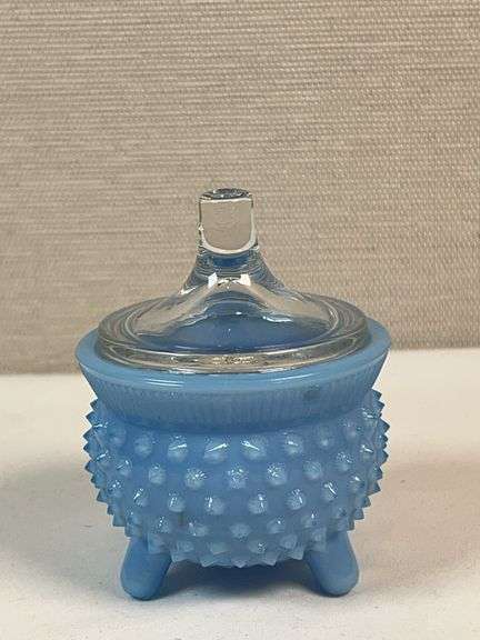 Fenton Blue Opalescent Hobnail Footed Toothpick Holder w/ Lid