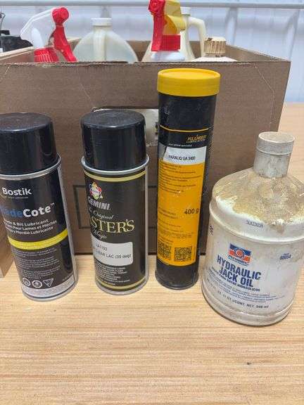 Wooden box & other box of spray paint & stain, brake & parts cleaner, degreaser & more