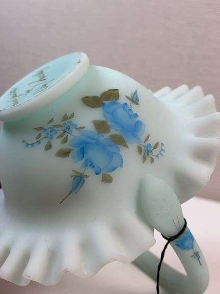 FENTON BLUE SATIN HAND PAINTED ROSES SIGNED BASKET