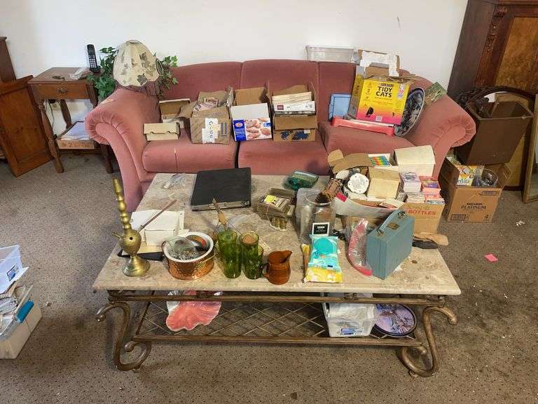 Marble top stand, upholstered couch, baseball cards & misc. contents