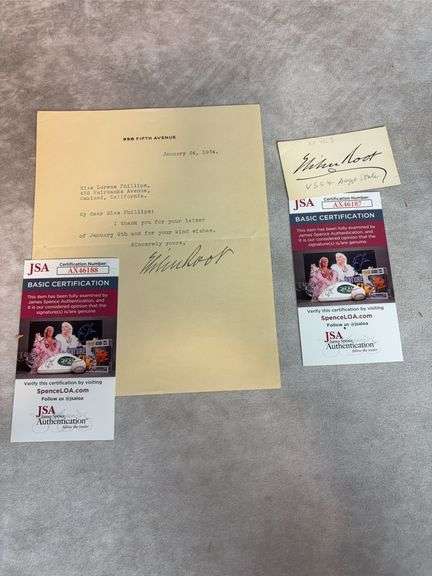 Elihu Root Signed Typed Letter & Blank Business Card - JSA