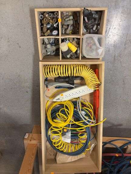 (2) wooden dovetail boxes w/ misc. air fittings, power cord, air & electrical odds & ends