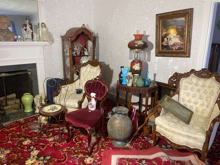 (3) upholstered chairs, display cabinet, stand & glassware