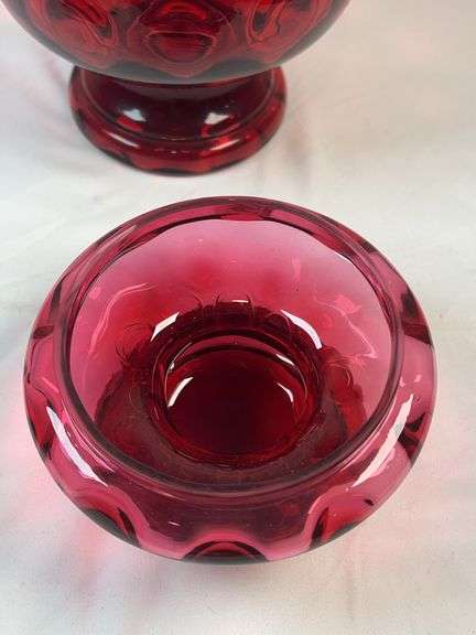 Fenton Cranberry Glass Thumbprint Coin Dot Covered Apothecary Candy Jar Dish