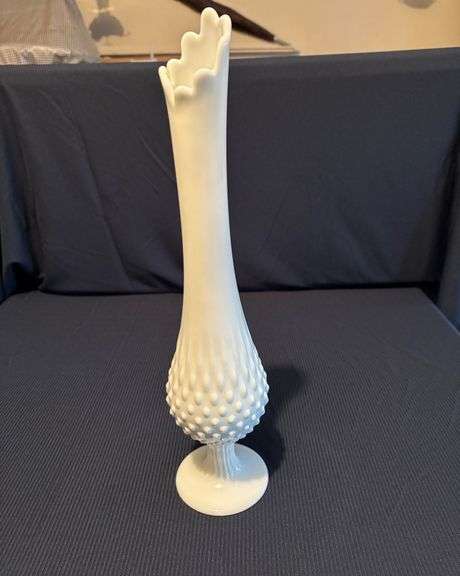 15" Fenton Hobnail milk glass footed swung vase