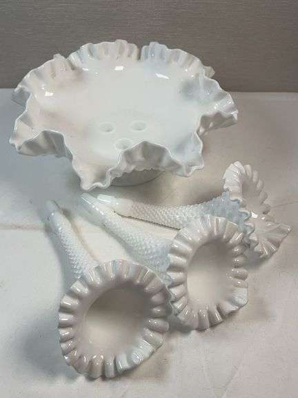 Fenton White Hobnail 3-Horn Epergne