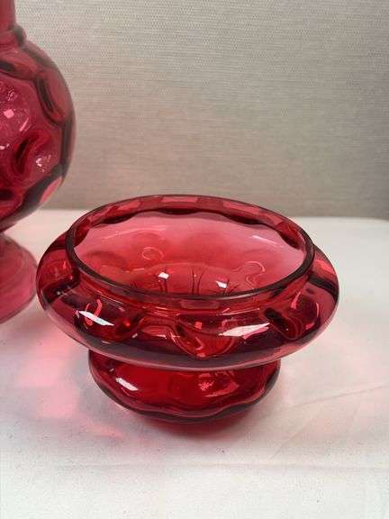 Fenton Pink Cranberry Glass Apothecary Canister Pink Dish Thumbprint Glass