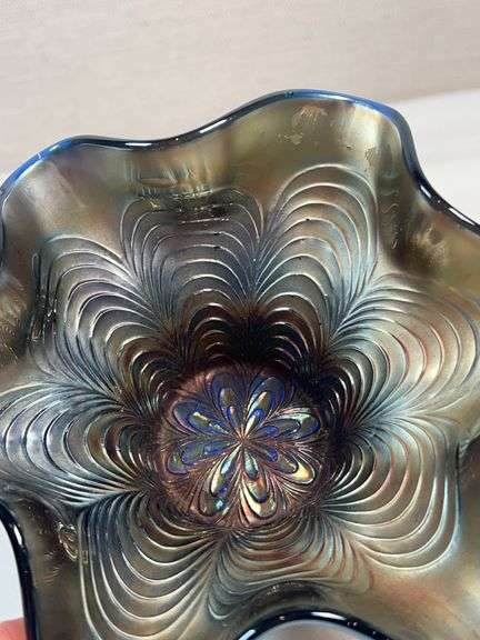 Fenton Blue Carnival Glass Peacock Tail Ruffled Nut Bowl