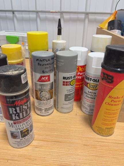 Wooden box & other box of spray paint & stain, brake & parts cleaner, degreaser & more