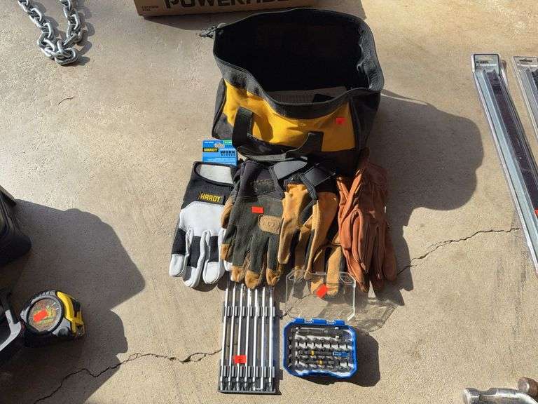 Lot of Gloves, Drill bits and bag