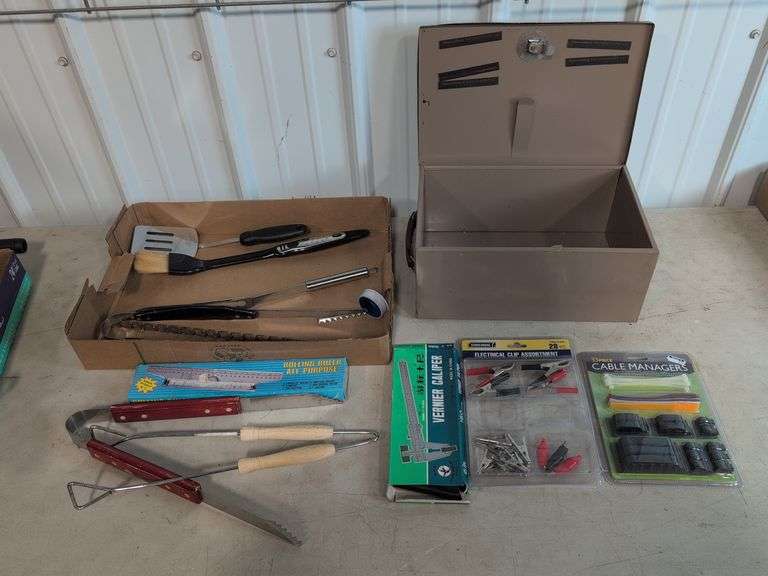 Grilling utensils, electrical clips, storage bin, and more