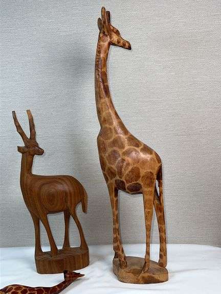 Lot of 3 Hand-Carved African Wooden Animals – Giraffe Family & Gazelle Figures