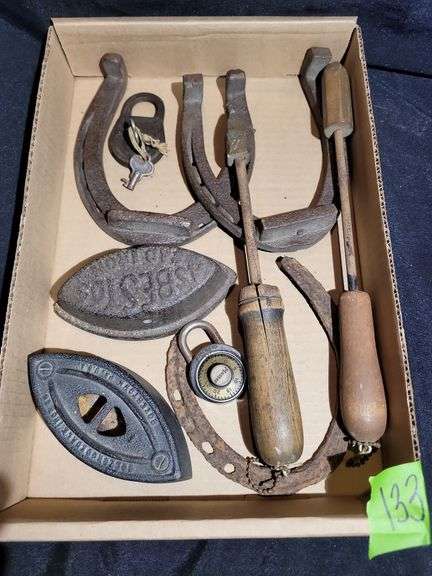 VINTAGE HORSE SHOES, SAD IRON BASES & TAMPERS