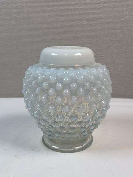 Fenton White Clear Glass Hobnail French Opalescent Ginger Jar Vase