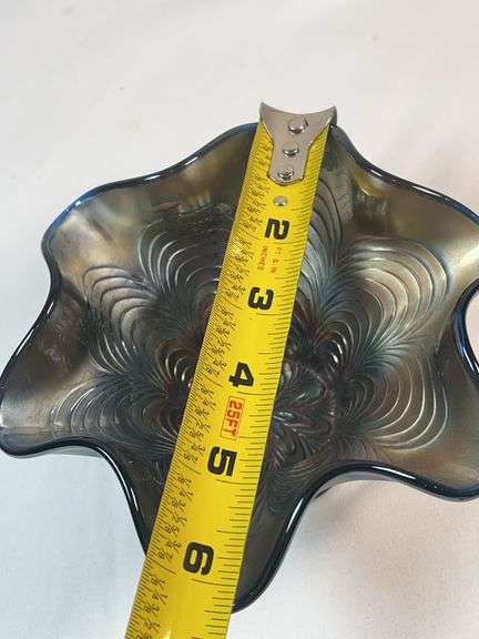 Fenton Blue Carnival Glass Peacock Tail Ruffled Nut Bowl