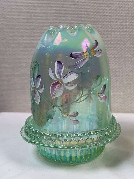 FENTON FAIRY LAMP Sea Mist Green Iridized