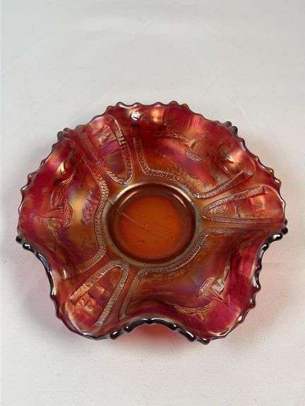 Fenton Carnival Glass Bowl: Sailboats & Orange Tree, Iridescent Marigold