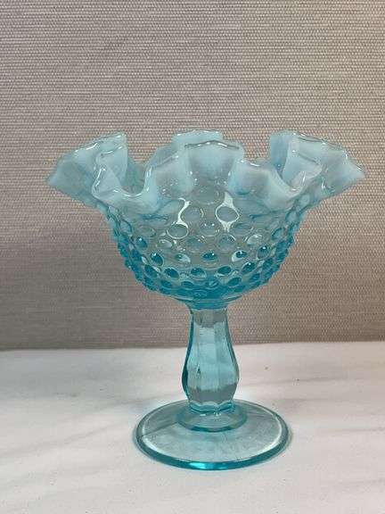 Fenton Blue Opalescent Hobnail Ruffled Edge Footed Compote