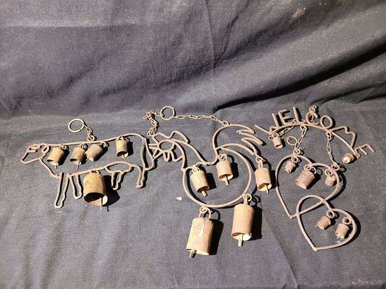 VINTAGE METAL CHICKEN, COW & WELCOME HANGING BELLS