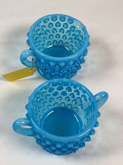Fenton Blue Opalescent Hobnail Toothpick Holders (Pair)