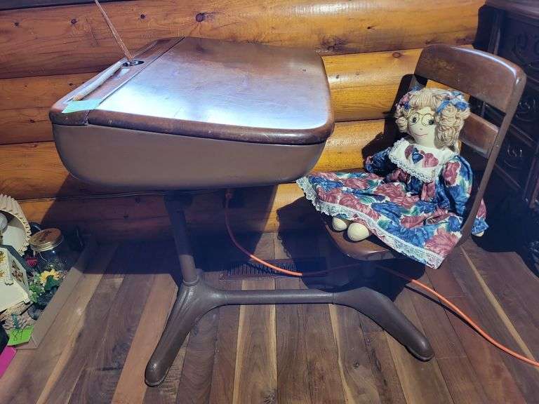 VINTAGE SCHOOL DESK AND DOLL