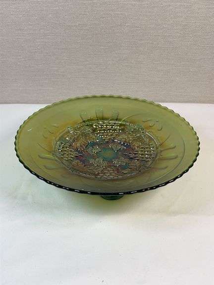 Northwood Green Grape & Cable Carnival Glass Footed Bowl