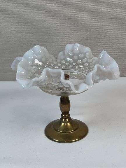 Fenton Hobnail Milk Glass Compote on Brass Base